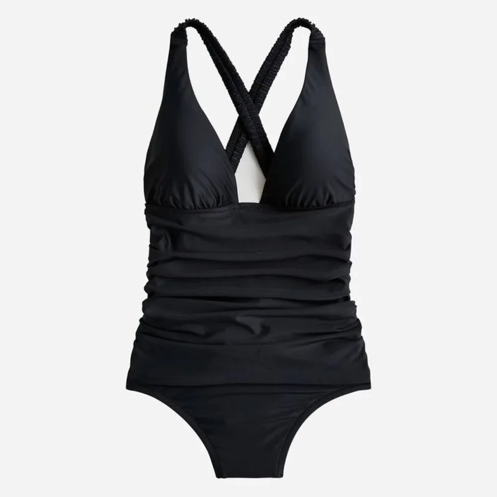 J. Crew Scrunchie Strap Plunge Black One Piece Swimsuit 12 NWOT